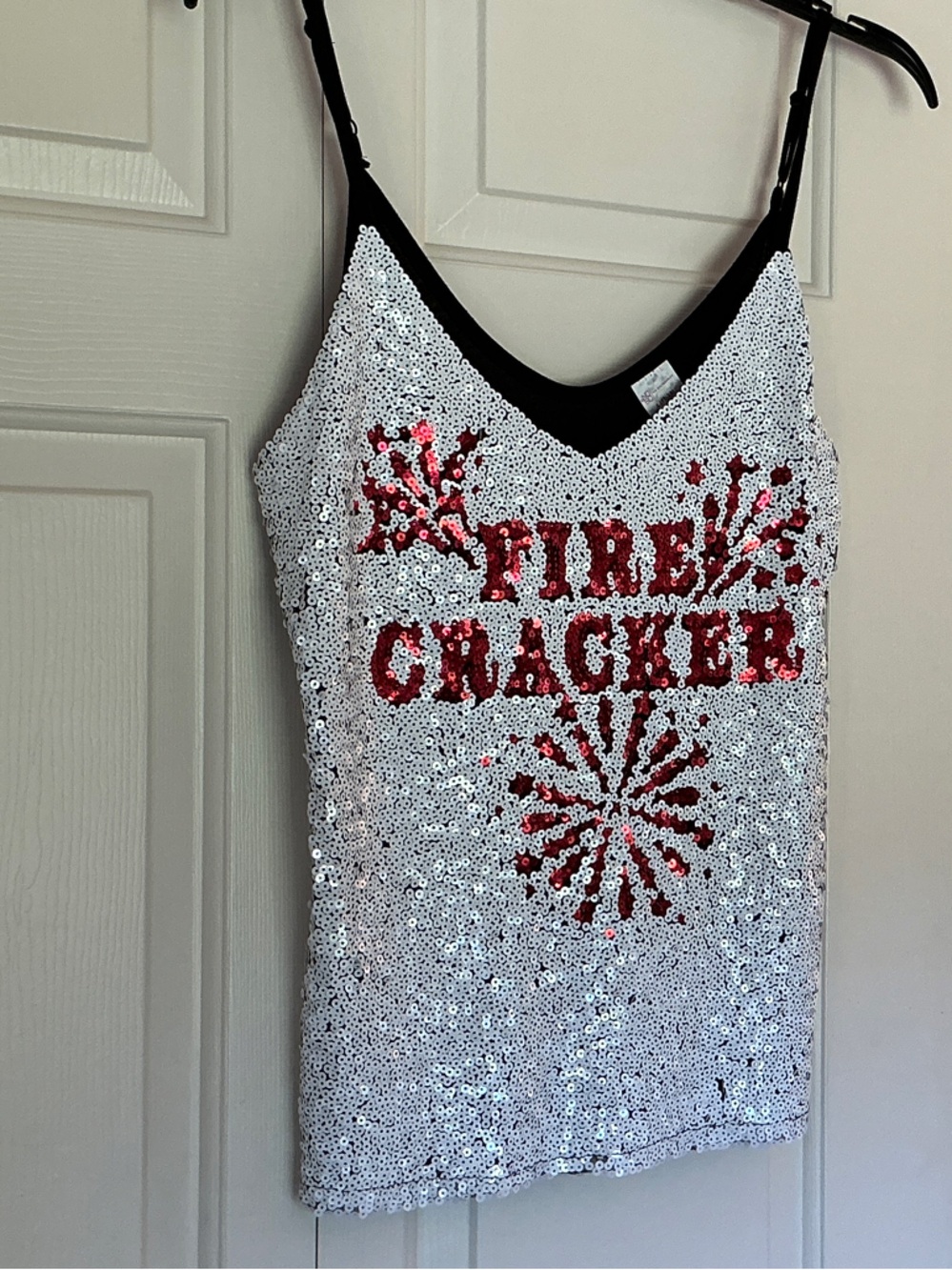 No Boundaries White Sequin Tank with Red Sequin Graphic
